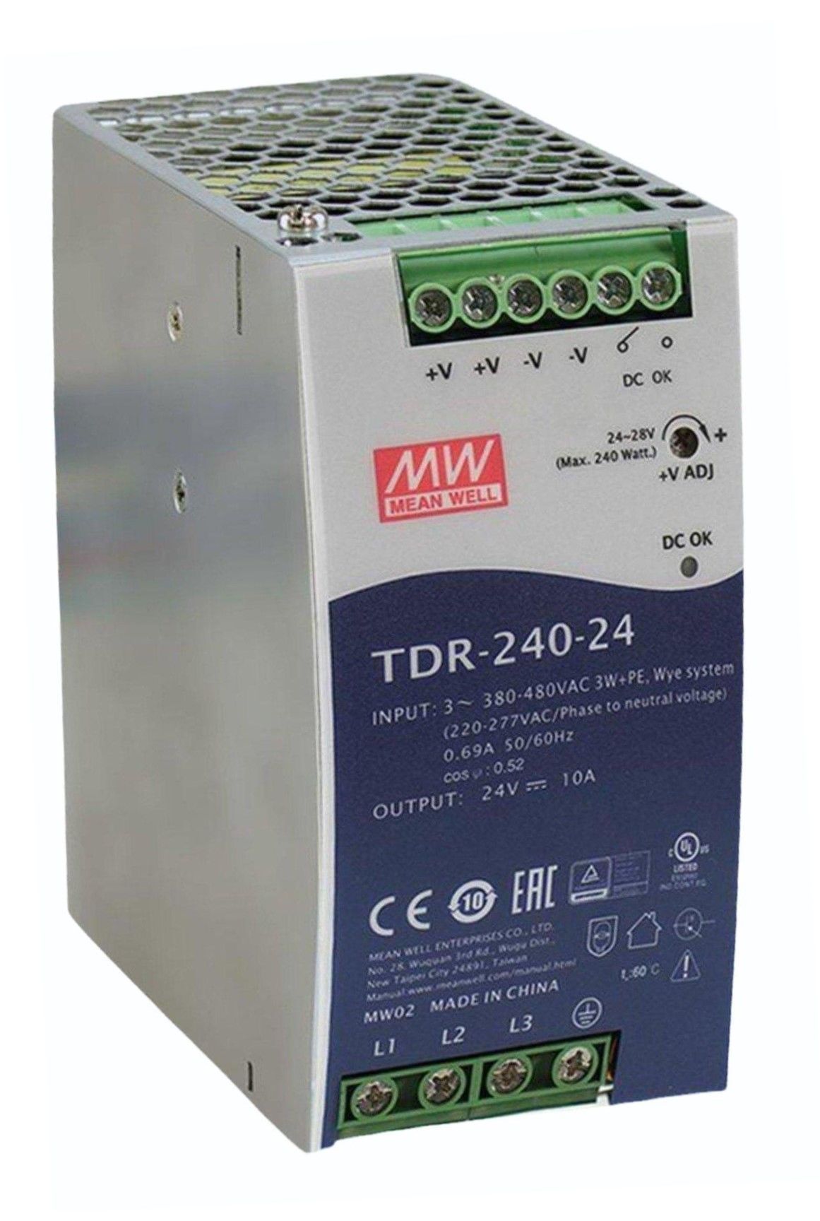 Mean Well TDR-240-24 24VDC 10A Ray Tipi Trifaze Güç Kaynağı