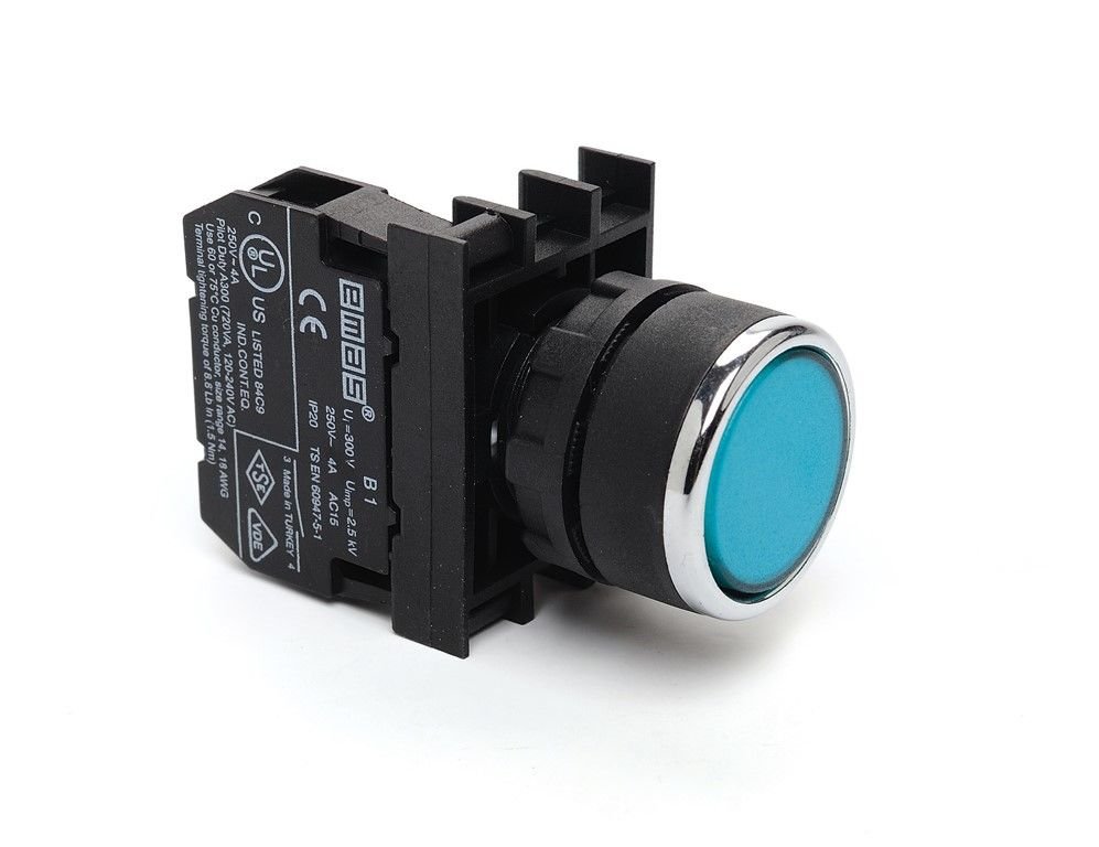 Emas B100DM 22mm Düz Kafa Plastik Yaylı Buton 1NO Mavi