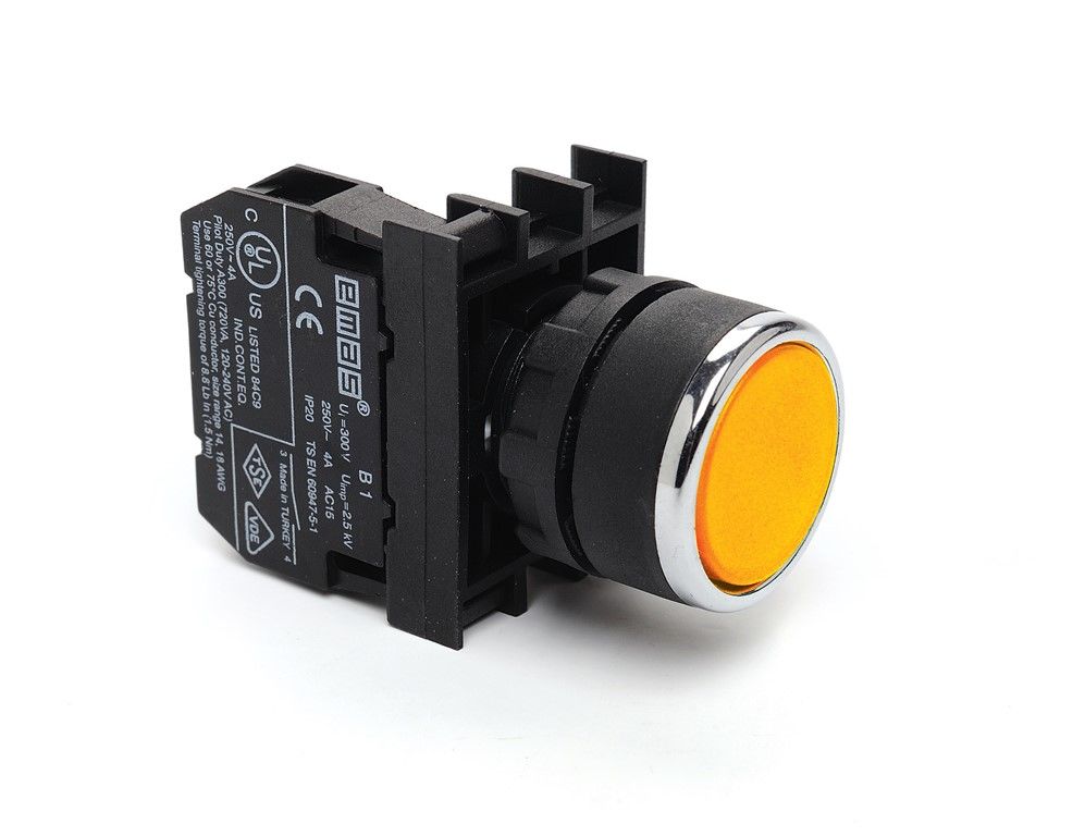 Emas B100DS 22mm Düz Kafa Plastik Yaylı Buton 1NO Sarı