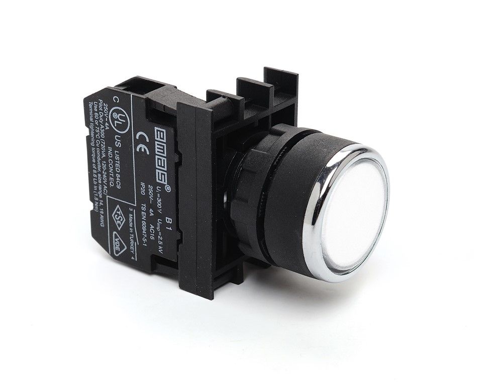 Emas B100DB 22mm Düz Kafa Plastik Yaylı Buton 1NO Beyaz