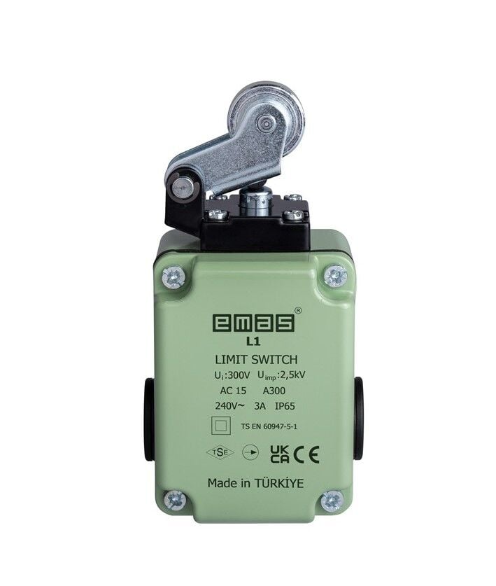 Emas L1K13MİM211 L1 Metal Gövde 22 mm Metal Makaralı Manivela 1NO+1NC Sınır Şalter