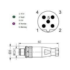 BNB-M1205MS-B B Kodlu M12 5 Pin Erkek Konnektör