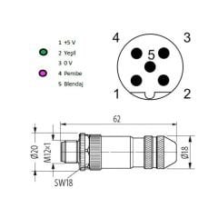 BNB-M1205MS-BSH B Kodlu M12 5 Pin Erkek Metal Konnektör