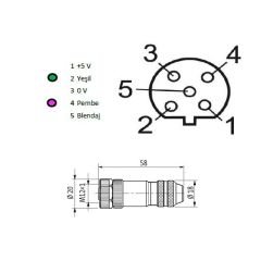 BNB-M1205FS-BSH B Kodlu M12 5 Pin Dişi Metal Konnektör