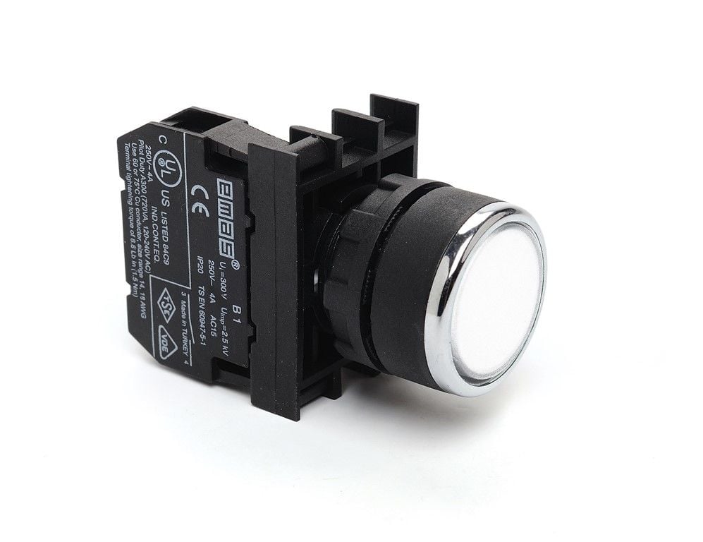 Emas B100DB 22mm Düz Kafa Plastik Yaylı Buton 1NO Beyaz