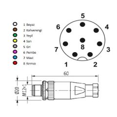 BNB-M1208MS M12 8 Pin Düz Erkek Sensör Soketi